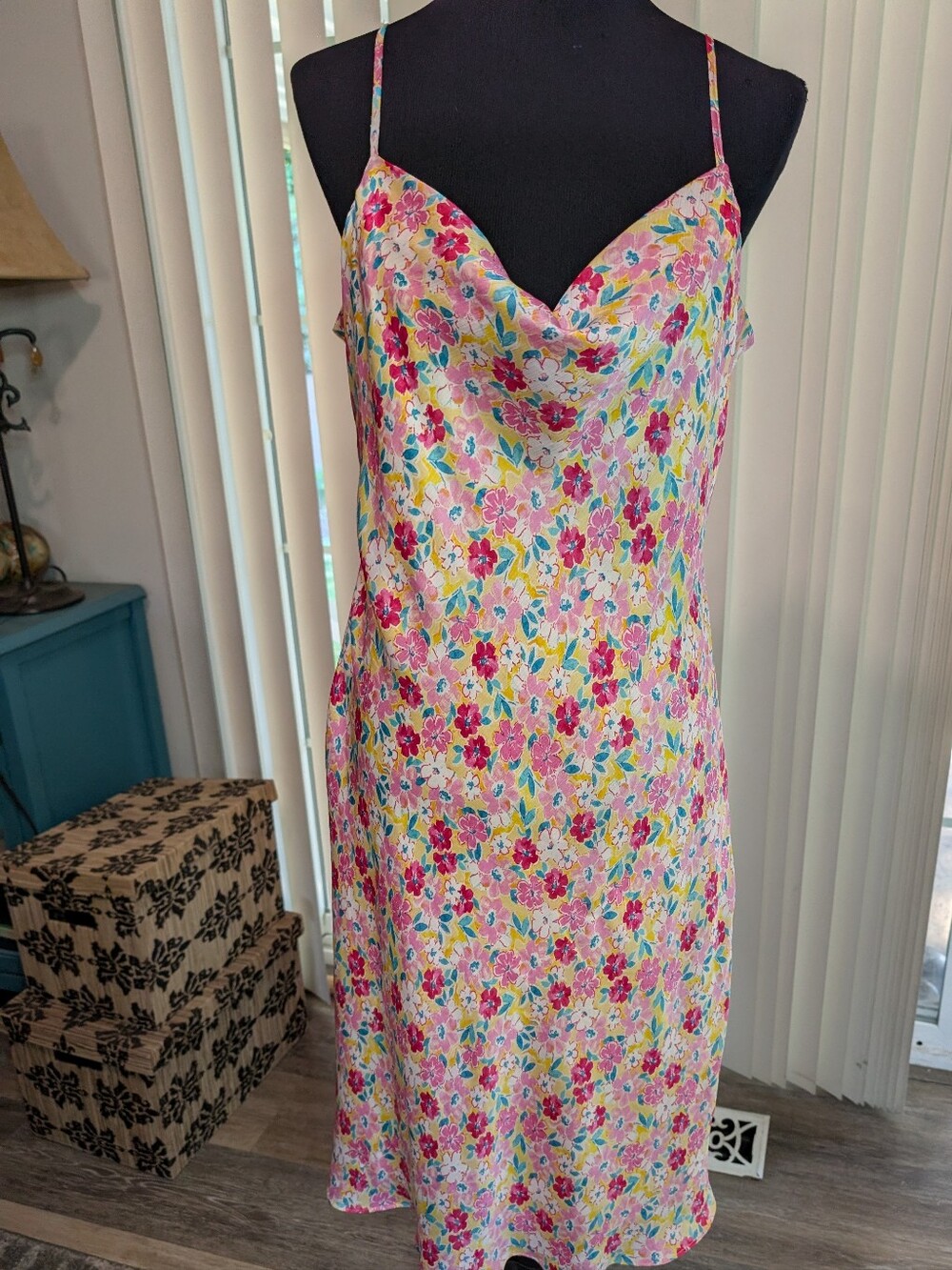 BCBG Paris Pink and Yellow Floral Spaghetti Strap Dress